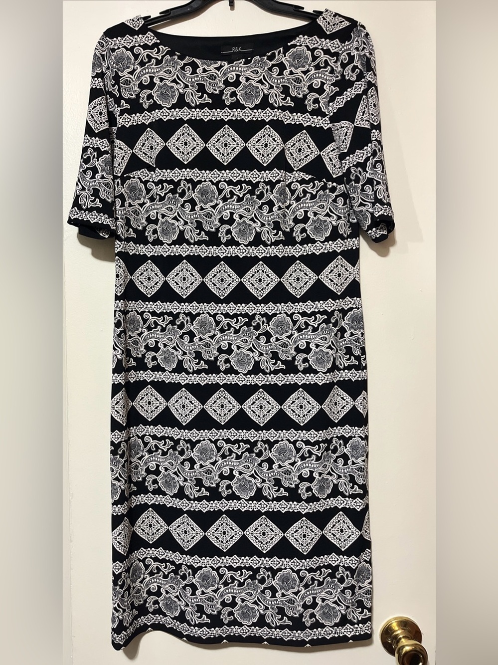 R&K Black and White Midi Dress with Textured Geometric & Floral Print